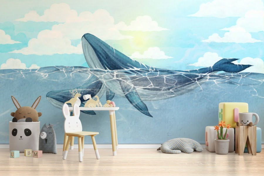 Fotobehang van een kleine en grote walvis zwemmend in de zee Twee walvissen voor baby - belangrijkste product afbeelding