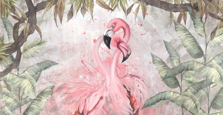 Fotobehang van een paar flamingo's in de tropen Flamingo's in een omhelzing voor de slaapkamer - afbeelding nummer 2