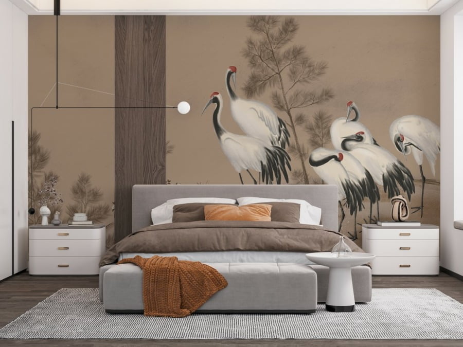 Illustratie Fotobehang van een zwerm kraanvogels op een heuvel Witte kraanvogel familie - belangrijkste product afbeelding