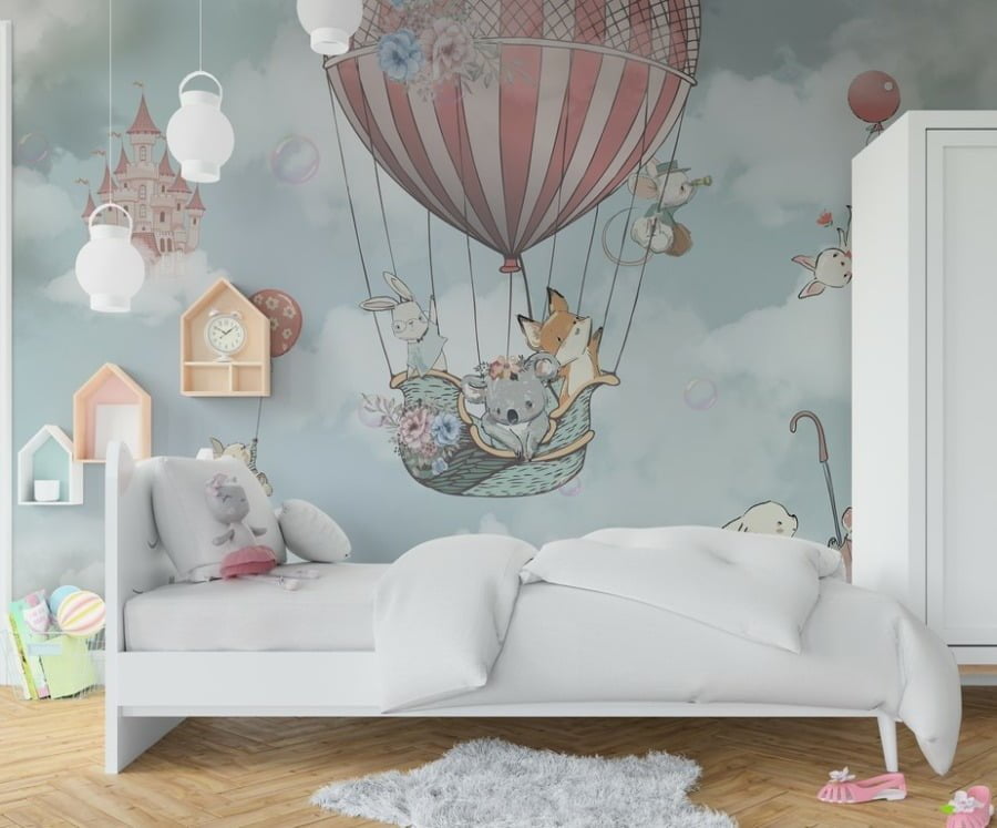 Fotobehang met dieren vliegend in de wolken Dieren in een kleurrijke ballon voor kinderkamer - belangrijkste product afbeelding