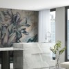 Fotobehang van bloemen op een heterogene achtergrond Blauwe grote bloemen - belangrijkste product afbeelding