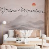 Fotobehang van berglandschap en rode zon Donkere vogels vliegen over bergen - belangrijkste product afbeelding