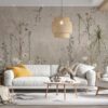 Fotobehang met bloemmotief op grijze achtergrond Kleine heldere bloemen en groene bladeren - belangrijkste product afbeelding