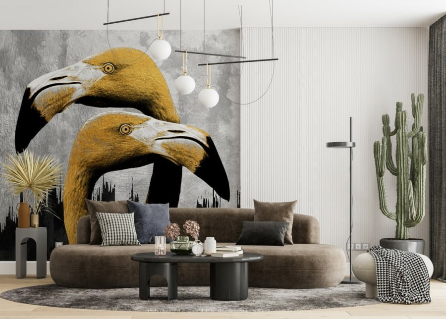 Exotische vogels Fotobehang Twee gele vogels voor woonkamer - belangrijkste product afbeelding