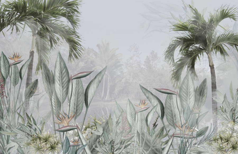 Tropical Plants Behind the Fog Exotische bloemen en palmen in de mist Fotobehang voor de woonkamer - afbeelding 2