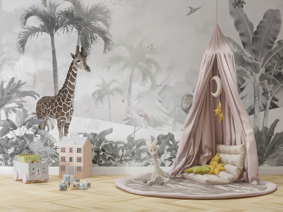 Giraffe en olifant Fotobehang in grijs en wit Exotic Animals in the Mist for Kids - belangrijkste product afbeelding