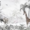 Giraffe en olifant muurschildering in grijs en wit Exotische dieren in de mist voor kinderen - Foto 2