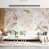 Fotobehang met roze tropische motieven op witte achtergrond Flamingo's in roze bladeren - belangrijkste product afbeelding