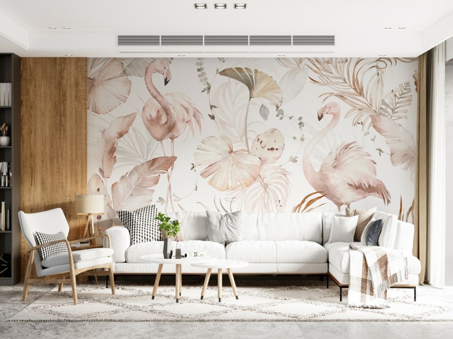 Fotobehang met roze tropische motieven op witte achtergrond Flamingo's in roze bladeren - belangrijkste product afbeelding