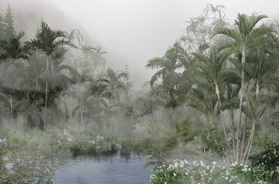 Tropische landschap Fotobehang in mist Lake Among Exotic Flowers voor slaapkamer - afbeelding nummer 2