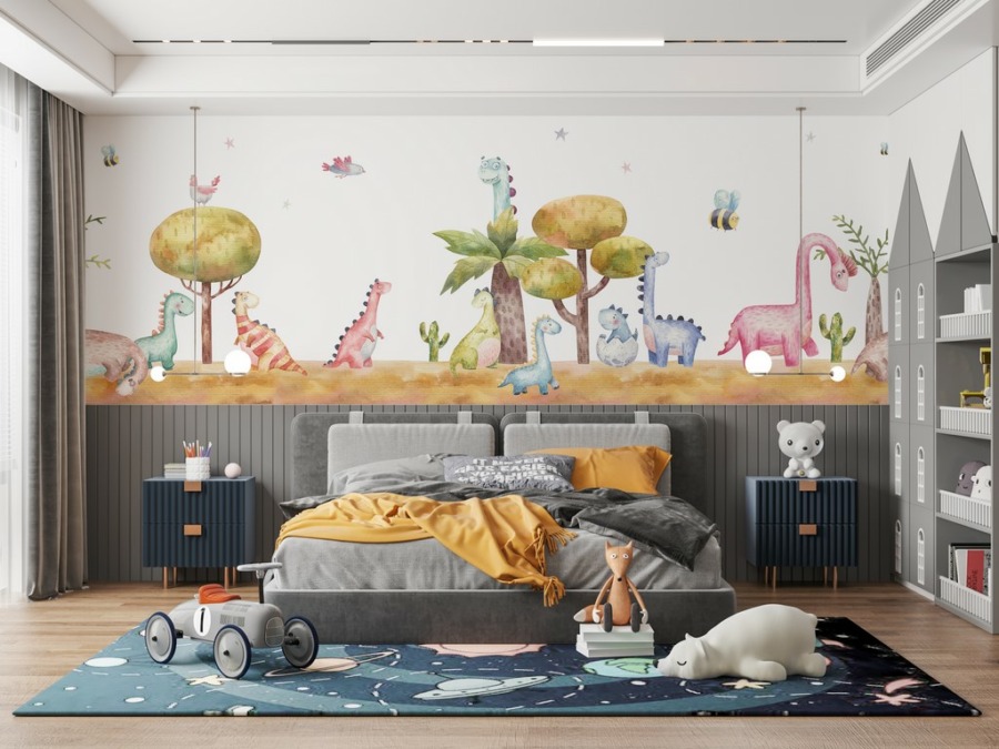 Lachende dieren Kleurrijke dinosaurussen Fotobehang voor kinderkamer - belangrijkste product afbeelding