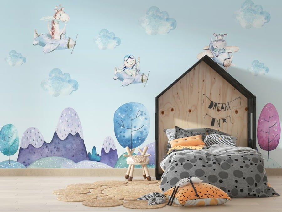 Fotobehang met dieren in vliegtuigen Kleurrijke Vliegtuigen In De Wolken Voor Kinderen - belangrijkste product afbeelding