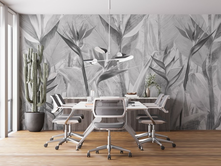 Fotobehang met exotische bloemen in grijstinten Monochrome Strelitzia Bloemen - belangrijkste product afbeelding