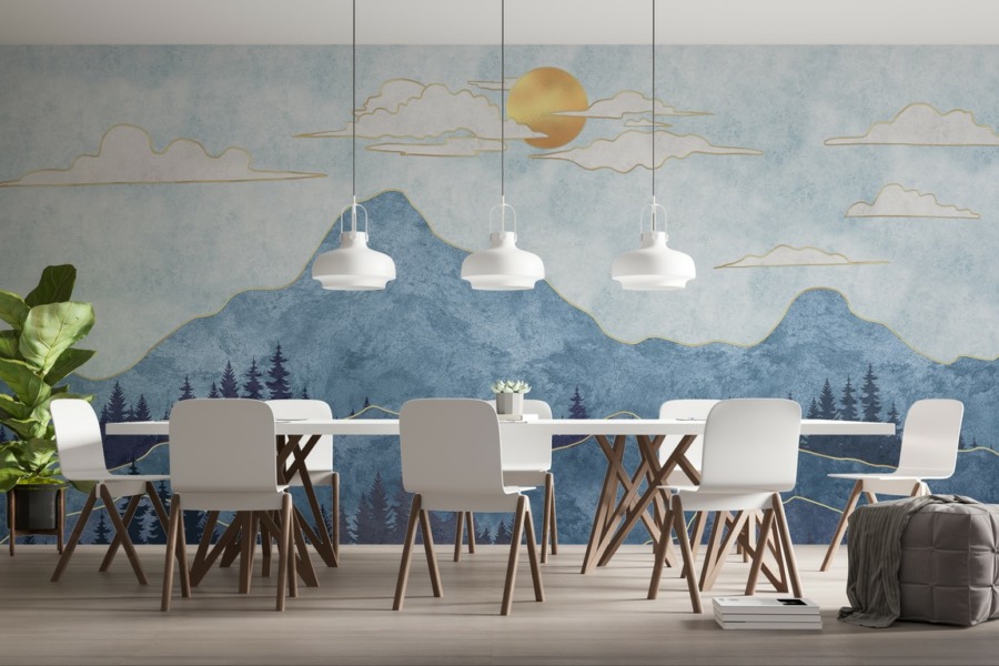 Blauwe en gouden tinten Blue Mountains With Gold draadFotobehang - belangrijkste productafbeelding