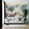 Fotobehang met oud ansichtkaartontwerp Blauwe bloemen en vlinders - belangrijkste product afbeelding