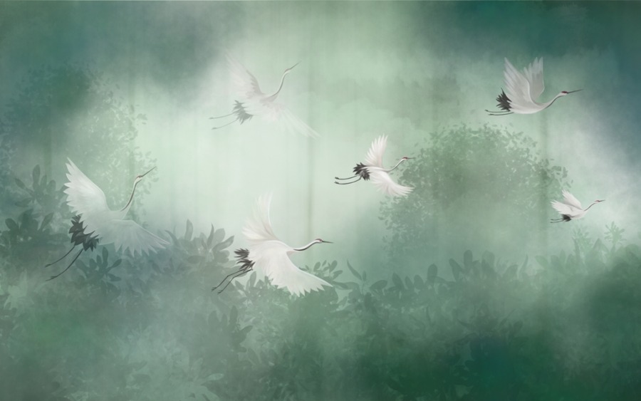 Fotobehang van Japanse vogels op een donkergroene achtergrond Vertrekkende kraanvogels in de mist - afbeelding nummer 2