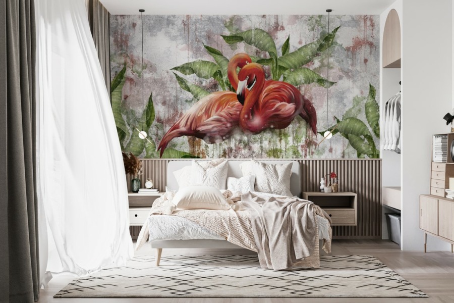 Fotobehang met exotische vogels verstrengeld in een omhelzing Paar rode flamingo's voor slaapkamer - afbeelding hoofdproduct