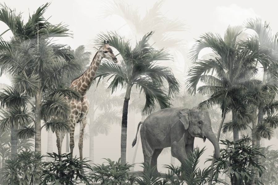 Wildlife Fotobehang tussen palmbomen in donkere kleuren Olifant en Giraffe in de Jungle - afbeelding nummer 2