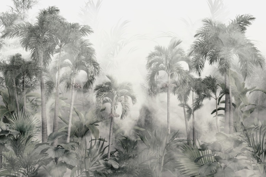 Dichte vegetatie Fotobehang in grijs en wit Tropics in White Mist - afbeelding 2