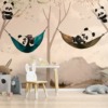 Warme zonsondergang kleuren Merry Panda Bears muurschildering voor kinderkamer - belangrijkste product afbeelding