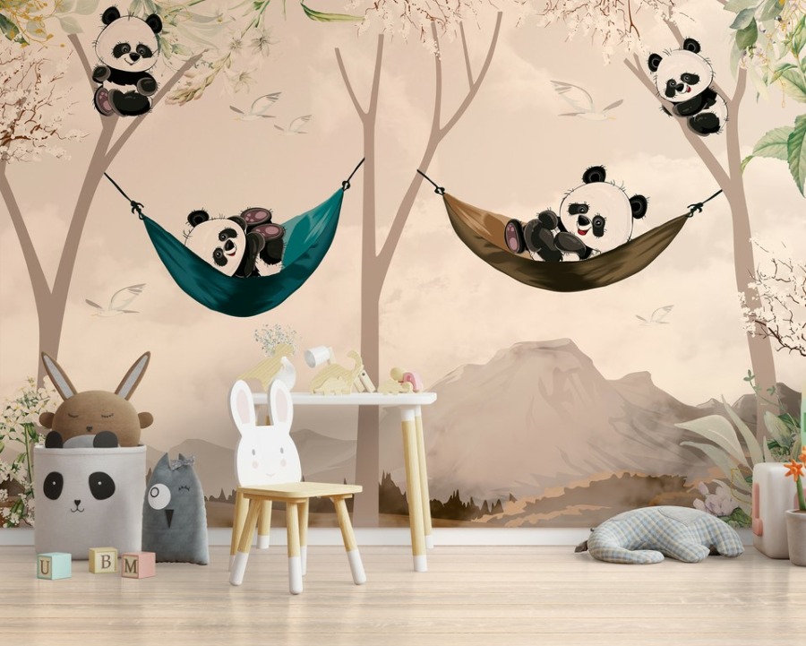 Warme zonsondergang kleuren Merry Panda Bears Fotobehang voor kinderkamer - belangrijkste product afbeelding