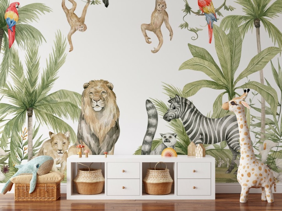 Tropische jungle Fotobehang in zachte kleuren Kleurrijke wilde dieren - belangrijkste product afbeelding