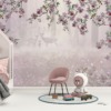 Fotobehang in zachte kleuren met lentebloemen Hertenfamilie in paars - belangrijkste productafbeelding