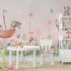 Muurschildering met bloemen en vrolijke konijntjes Pink Meadow for Kids - belangrijkste product afbeelding