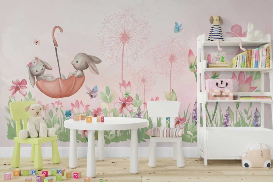 Fotobehang met bloemen en vrolijke konijntjes Pink Meadow for Kids - belangrijkste product afbeelding