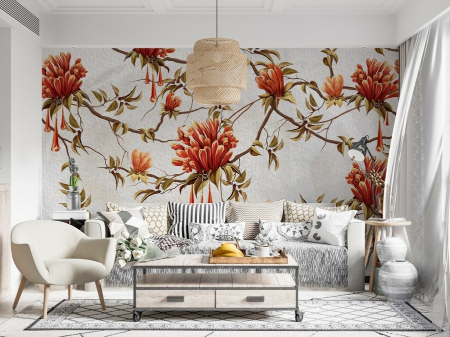 Fotobehang met grote bloemen over de hele muur Rode boomknoppen - belangrijkste product afbeelding