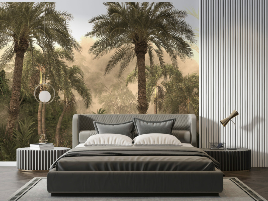 Fotobehang met tropisch motief in warme kleuren High Palms in the Sun - belangrijkste productafbeelding