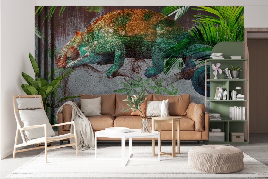 Fotobehang in een exotisch klimaat Groene kameleon - belangrijkste productafbeelding