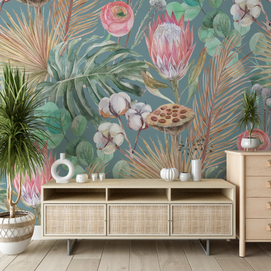 Fotobehang met kleurrijke tropische bloemen en palmbladeren Colours of Exotic Plants - afbeelding hoofdproduct