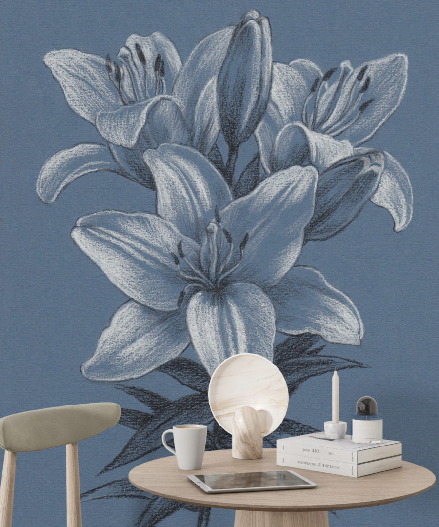 Bloemen tekening Fotobehang in rozkiwit Leliebloem in blauw - belangrijkste product afbeelding