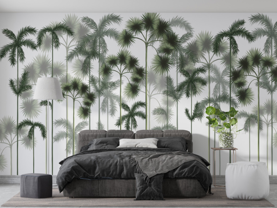 Fotobehang van hoge palmbomen in mist Green Palm Forest voor slaapkamer - afbeelding hoofdproduct