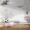 Muurschildering van grijze lucht, vliegtuig en pandaberen in Plane for Kids - belangrijkste productafbeelding