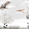 Muurschildering met grijze lucht, vliegtuig en pandaberen in Plane for Kids - afbeelding 2