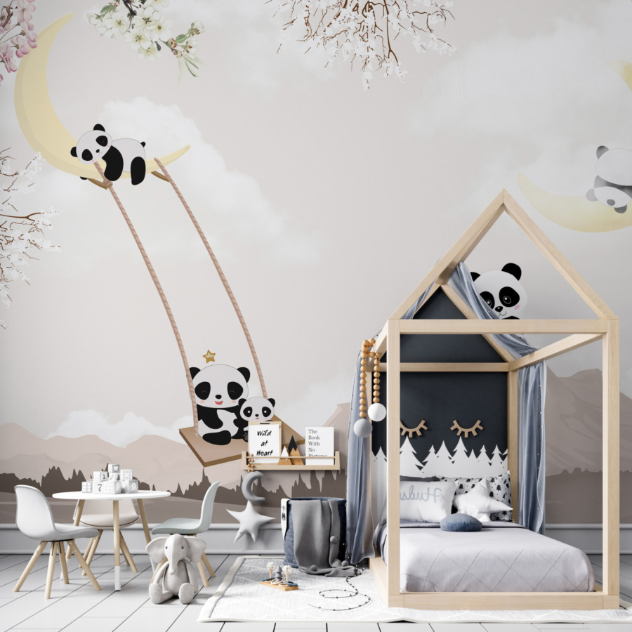 Fotobehang in zachte kleuren voor kinderen Panda's op een schommel - belangrijkste productafbeelding