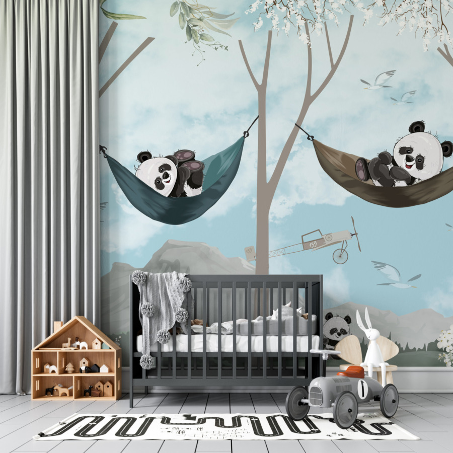 Fotobehang in blauwe tinten voor kinderen Joyful Panda's on a Hammock - belangrijkste product afbeelding