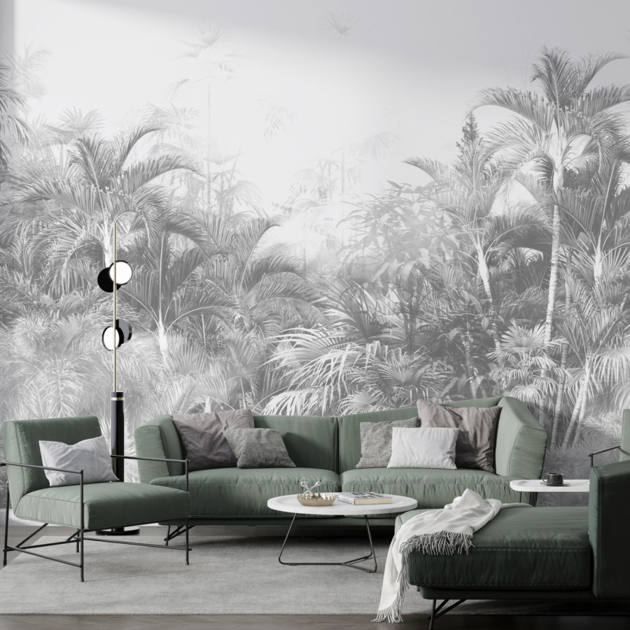 Fotobehang met tropisch thema in monochroom Grey Dense Jungle - belangrijkste productafbeelding