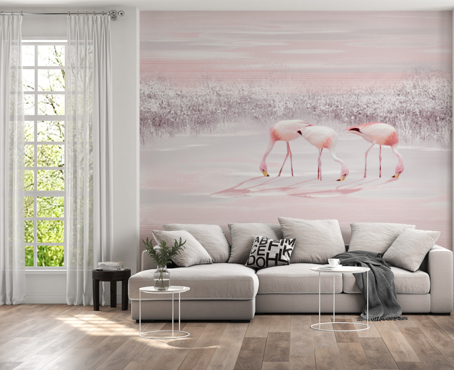 Fotobehang in roze gedempte tinten Three Flamingos - belangrijkste product afbeelding