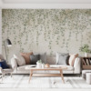 Fotobehang met hangende groene klimop op grijze achtergrond Hangende fijne bladeren - belangrijkste product afbeelding