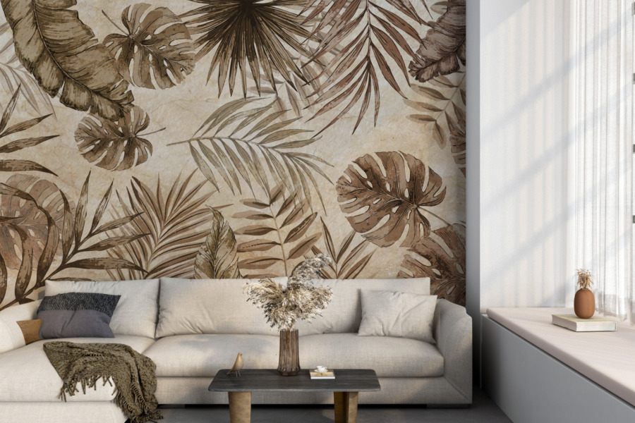 Fotobehang in warme bruintinten met tropisch bloemmotief Exotic Leaves in Sepia - belangrijkste productafbeelding