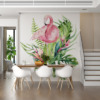 Fotobehang op lichte achtergrond met exotisch motief Flamingo in bladeren - belangrijkste product afbeelding
