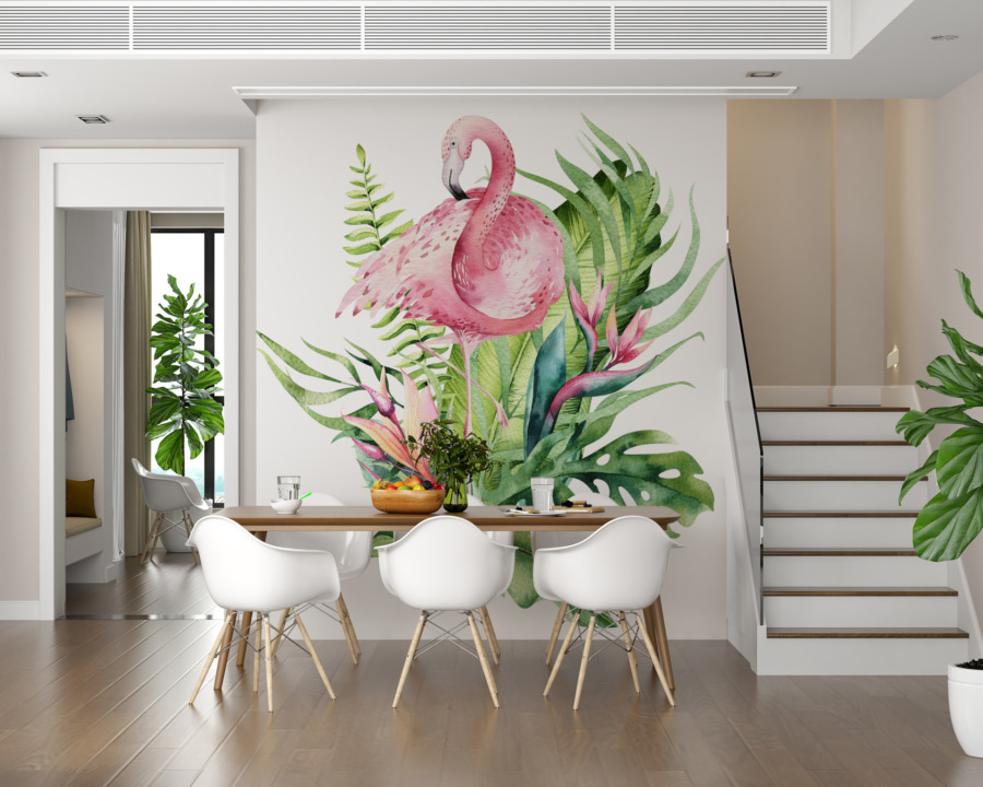 Fotobehang op lichte achtergrond met exotisch motief Flamingo in bladeren - belangrijkste product afbeelding