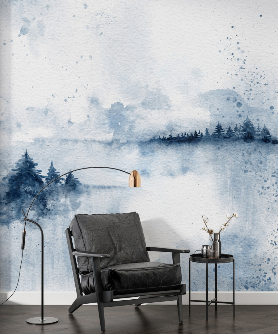 Fotobehang met wazig berglandschap Mountain Pines in Blue - belangrijkste product afbeelding