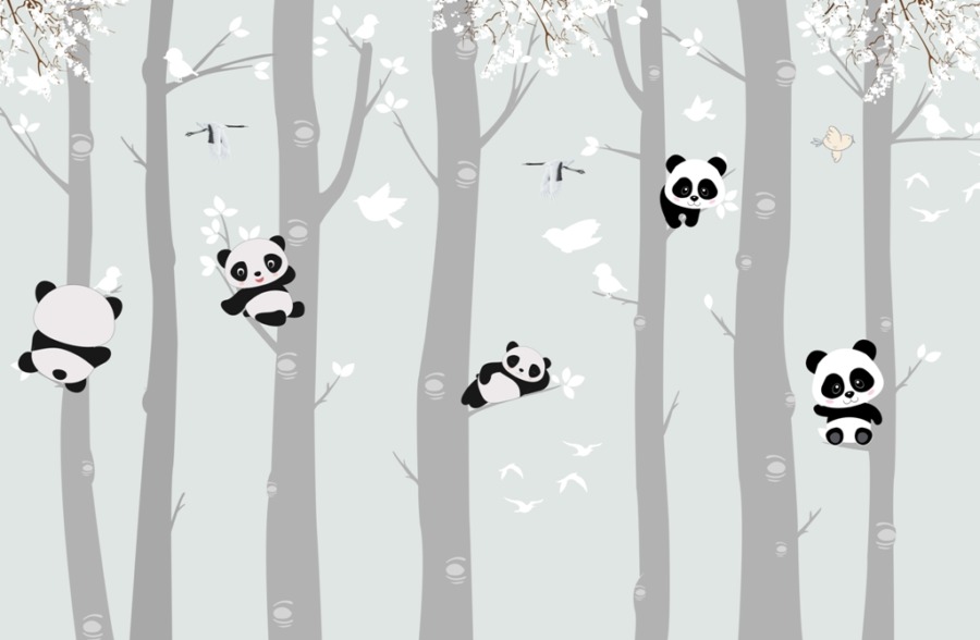 Kindermuurschildering in gedempte kleuren Panda Beren op Bomen - afbeelding nummer 2