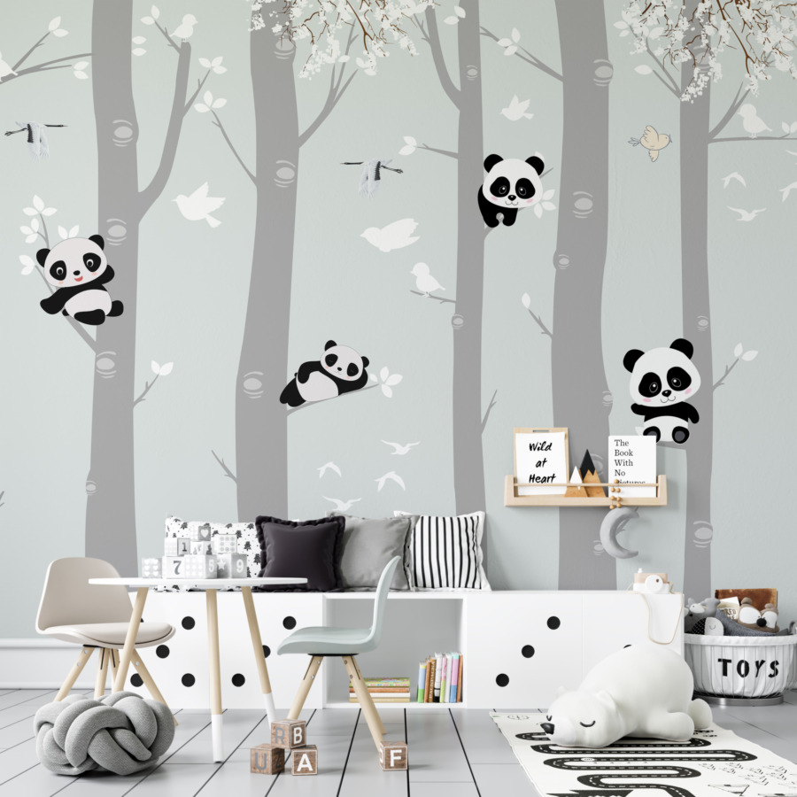 Kindermuurschildering in gedempte kleuren Panda Bears on Trees - belangrijkste productafbeelding