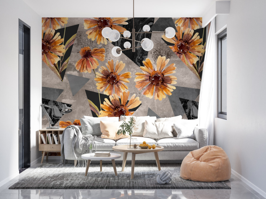 3D abstracte Fotobehang Oranje bloemen en grijze driehoeken - afbeelding hoofdproduct