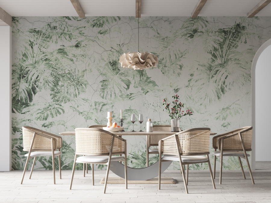 Boho stijl Fotobehang van monstera bladeren op een witte achtergrond Rubbed Plant Motif - belangrijkste product afbeelding